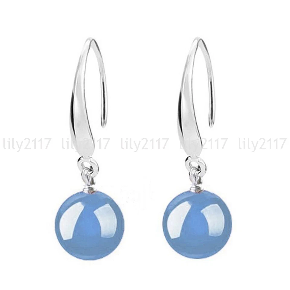 Natural 10mm Multicolor Jade Agate Round Gemstone Silver Hook Dangle Earrings - Image 2 of 4