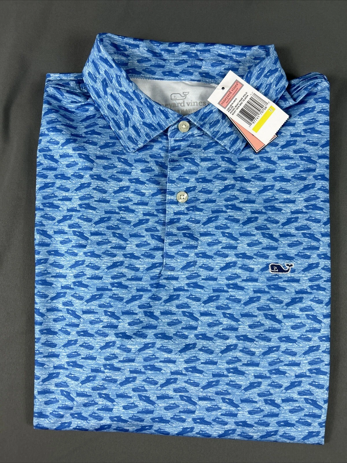 Vineyard Vines Golf Shirt Polo Picnic Boat Print Medium Blue Polyester Spandex