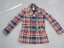 Fossil Jacket Womens Medium Blue Beige Wool Button Up Lined Plaid Coat Outdoors*