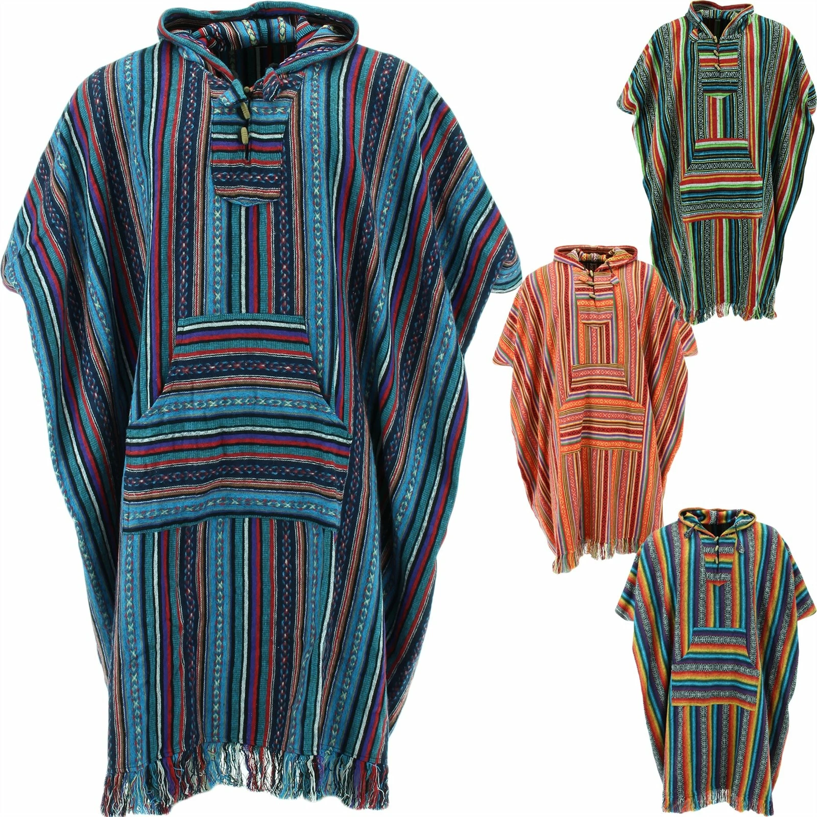 HIPPIE HOODIE PONCHO LONG ETHNIC MEXICAN STYLE GHERI COTTON FESTIVAL CAMPING