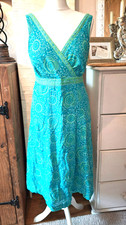 ANOKHI EAST Artisan Turquoise Blue Green Block Print Sleeveless Midi Dress UK 8