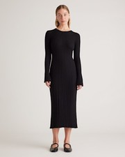 Quince Women Cotton Cashmere Ribbed Long Sleeve Crew Midi Dress Black L
