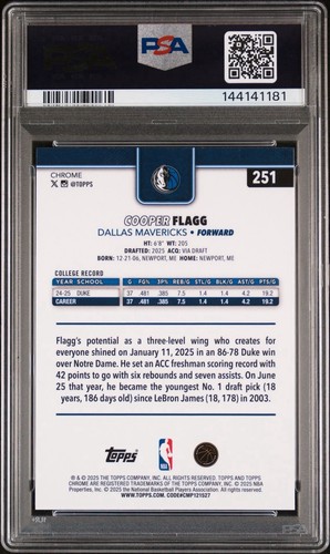 2025-26 Topps Chrome - Cooper Flagg #251 Prism Refractor (RC) PSA 10 - Bild 2 von 2