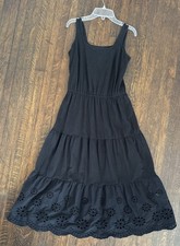 TALBOTS SLEEVELESS BLACK FIT & FLARE TIERED JERSEY EYELET MIDI DRESS Sz P