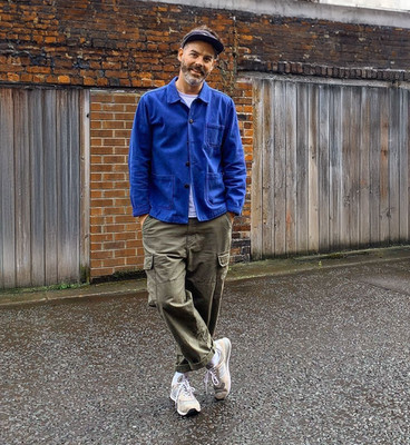 Herringbone French Chore Jacket 60s Style Bugatti Blue Washed Cotton Twill