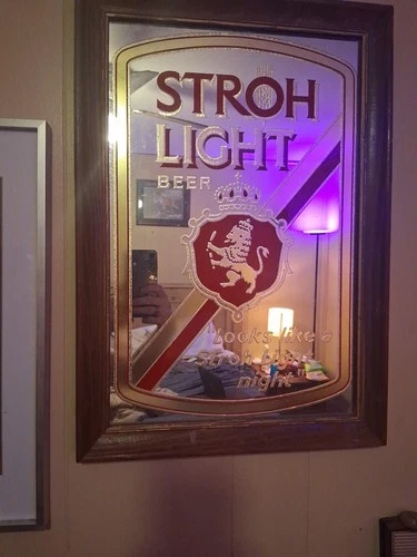 Vintage STROH LIGHT Beer Sign, Wood Frame, 14 3/4” wide x 21 1/4” height.