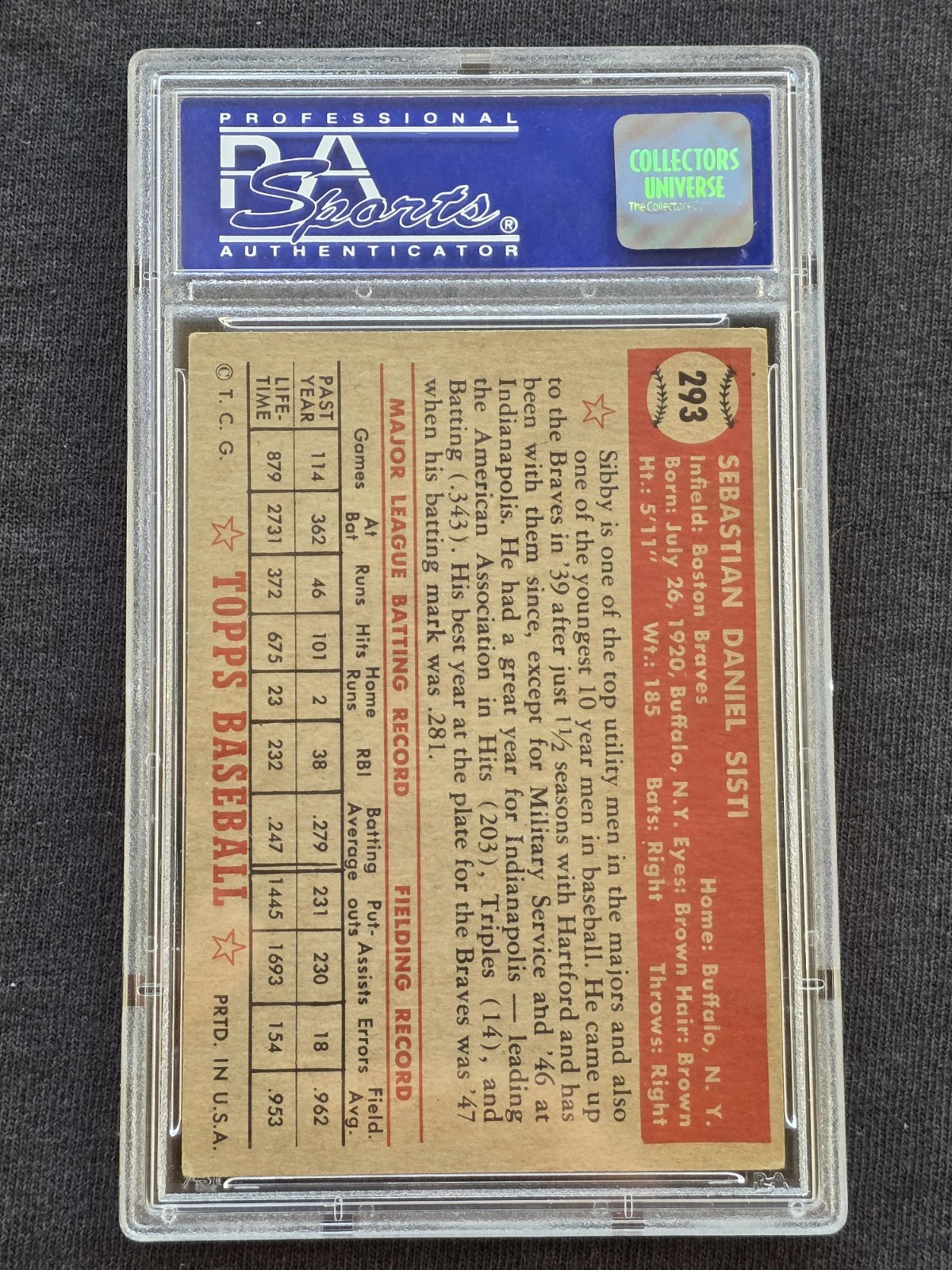 1952 Topps #293 Sibby Sisti Boston Braves PSA 4 VG-EX Semi High Number SP view 2