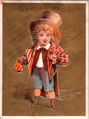MANDEL BROS Victorian Trade Card Boy in Red Striped Coat Top Hat 1880s