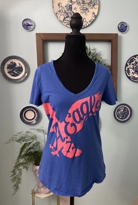 Y2K Style American Eagle Vneck Blue& Pink Shirt  Shirt Large Pink Acc Thread