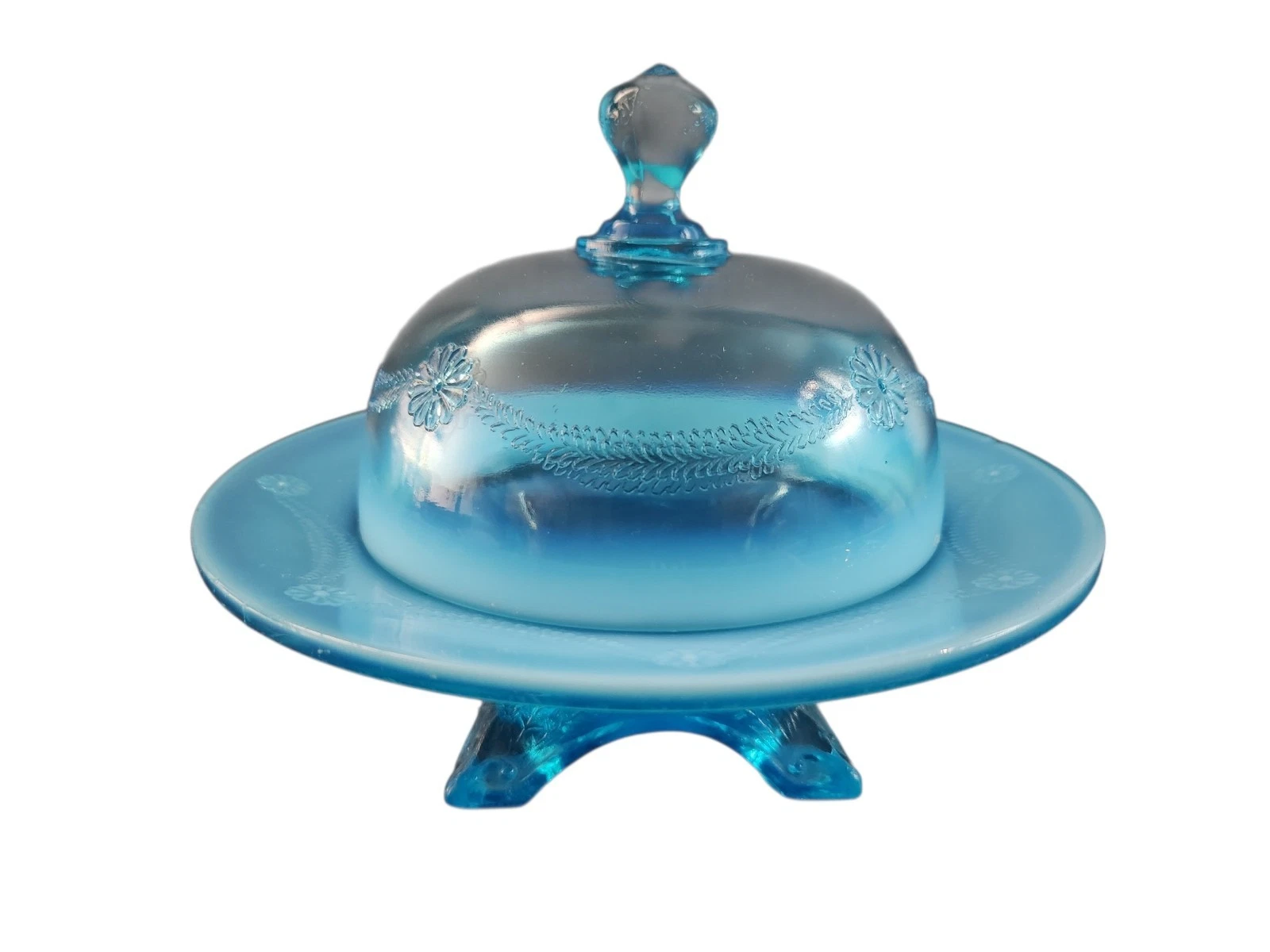 💥 EAPG Jefferson Glass Co ☆ Blue Opalescent ALPINE☆ Covered Butter Dish c 1903