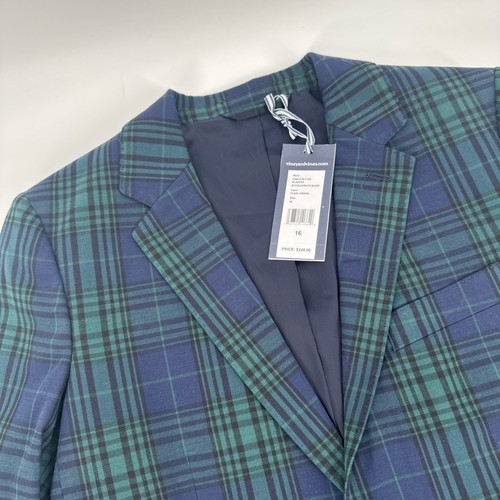 Vineyard Vines Boys Size 16 Stretch Cotton Blackwatch Blazer Green Tartan Plaid - Picture 2 of 6