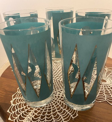 Set Of 5 Vintage Libbey Turquoise Blue & Gold Highball Glasses MCM High Ball
