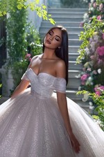 Glitter Tulle Wedding Dresses Off Shoulder Shiny Puffy Pleated Prom Bridal Gown