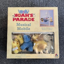Vintage Noah's Ark Plush Musical Mobile Nursery Decor Plays Brahms' Lullaby