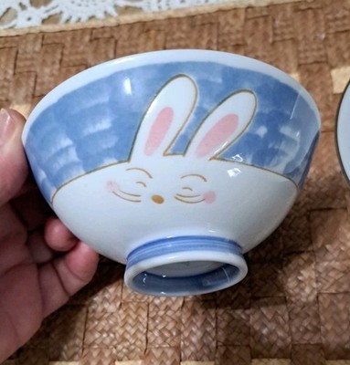 Set Of 2 Porcelain Rice Bowls Running Rabbit - 1 Pink -1 Blue - 4.5'' Each