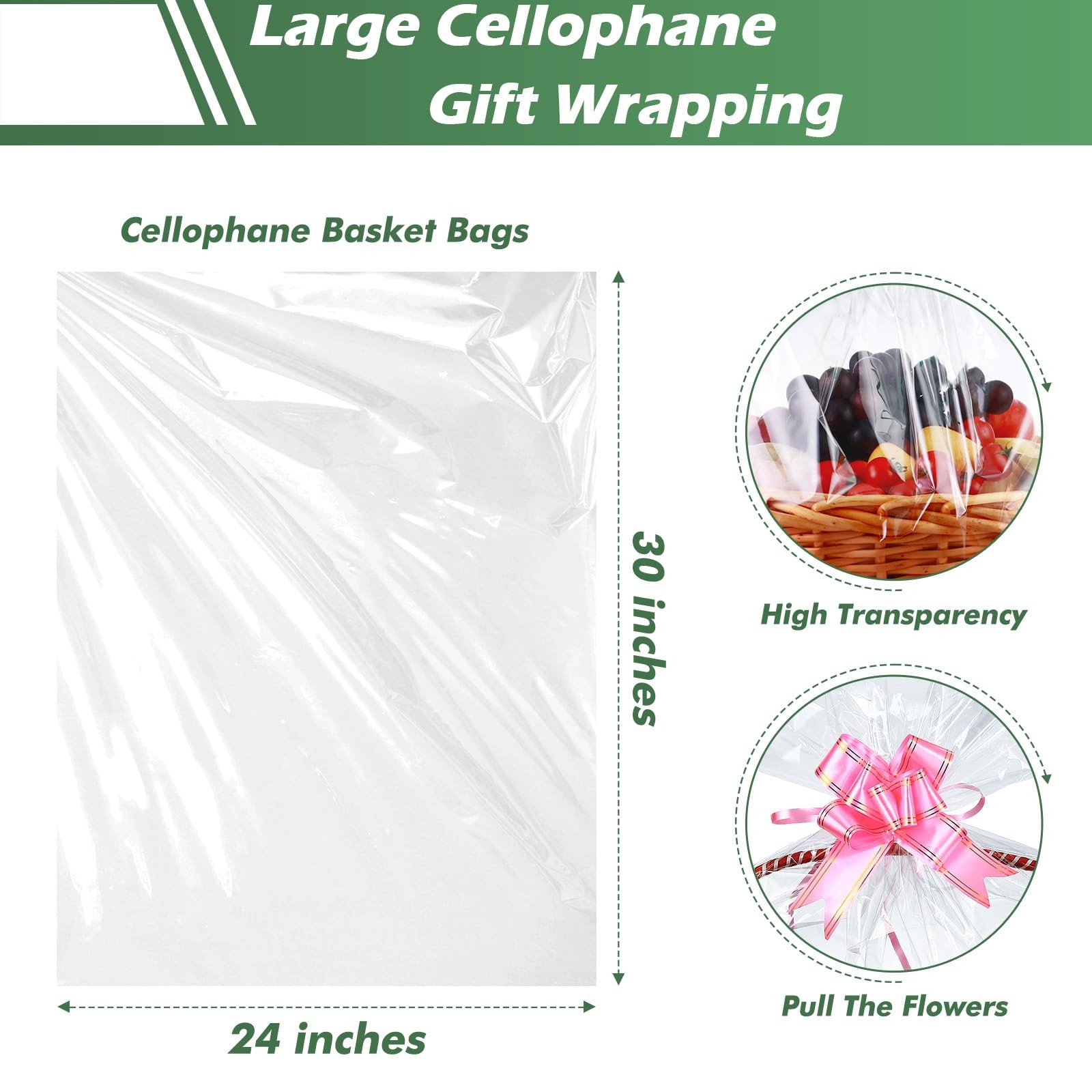 100 Packs Large Cellophane Bags 24" x 30" Clear Cellophane Gift Basket Wraps ...