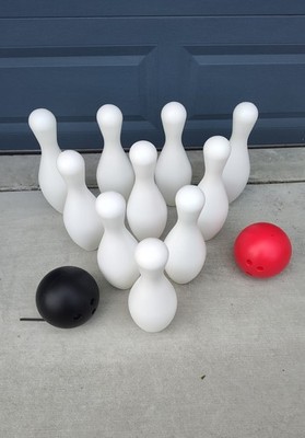 Jumbo Bowling Set of 10 Pins, 2 Balls, Amloid Toy Co. 16'' Blow Mold - Excellent!