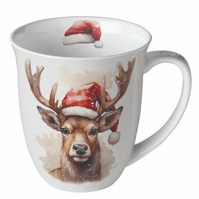 Tasse, Porzellantasse DEER WITH SANTA HAT 0,4l Ambiente | Hirsch, Weihnachten