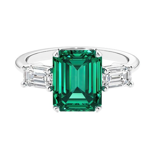 14k Gold 2 Ct Emerald Cut Lab Grown Emerald & Diamond 3-Stone Ring for Women - Picture 2 of 8