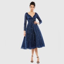 NWT Mac Duggal tea length long sleeve dress in midnight navy blue size 4