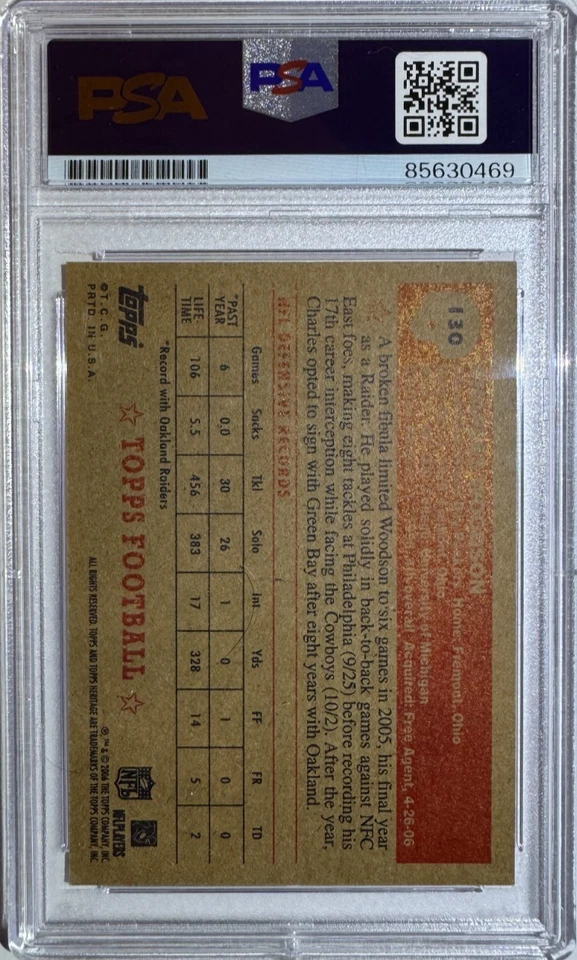 CHARLES WOODSON SIGNED 2006 TOPPS HERITAGE CARD PSA/DNA CERTIFIED AUTOGRAPH COA - Image 2 of 2