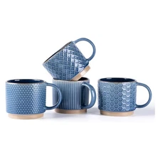 6 oz Stackable Ceramic Coffee Mugs with Texture Patterns, Set of 4 - FAST SHIP