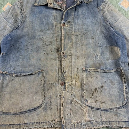 Vintage 1930s WW2 Faded Distressed Thrashed Lined Chore Jacket Workwear XL image 4