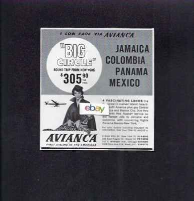 AVIANCA COLUMBIA RED RUANA F/A  B720B JETS BIG CIRCLE TO COLUMBIA-JAMAICA AD