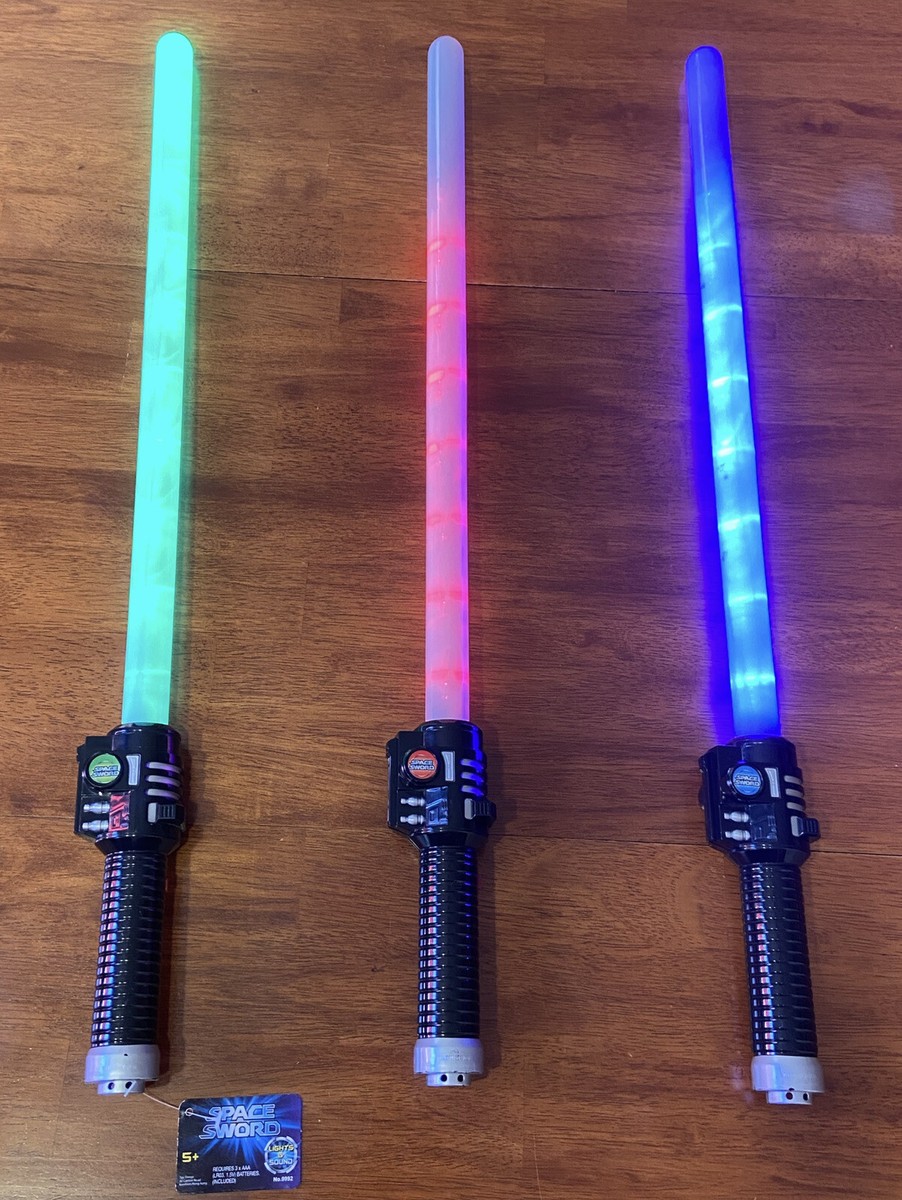 Collection of 3 Space Sword Lightsabers Green Red & Blue, Lights