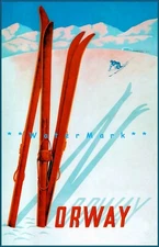 Ski Norway 1957 Red Skis Norwegian Winter Sports Vintage Poster Print Retro Art
