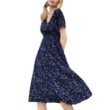 Womens V Neck Boho Floral Midi Dress Short-Sleeved Summer Holiday, Size Medium