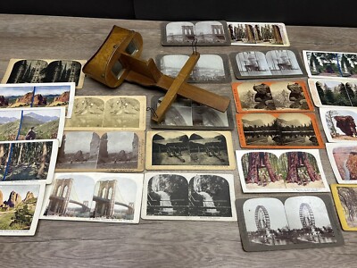 Antique Vintage Stereo 3D Picture View Card Plate Lot & Wood Stereoscope Viewer