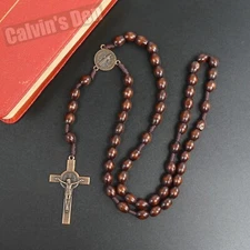 Coffee Brown Oval Wood Bead Antique Brass Crucifix Rosary Necklace Five Decade