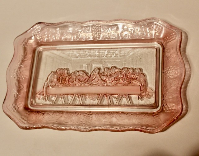 The Last Supper Vintage Tiara Indiana Glass Bread Plate Tray Pink 11" x