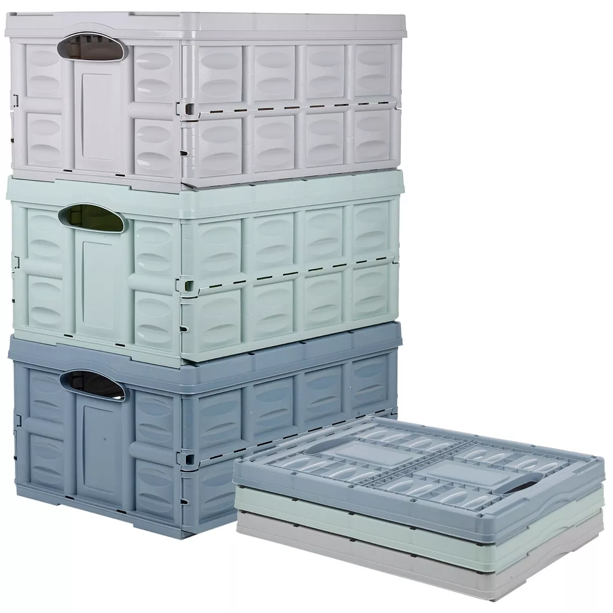 Large 45L Folding Collapsible Plastic Storage Crate Box Stackable Baskets Garage