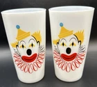 2 Hazel Atlas Clown Face Tumbler Milk Drinking Glass Circus Parade Bozo VTG 12oz