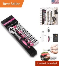 Elegant 14 Inch Pink Ratchet Wrench Set - 10 Chrome Vanadium Sockets Included