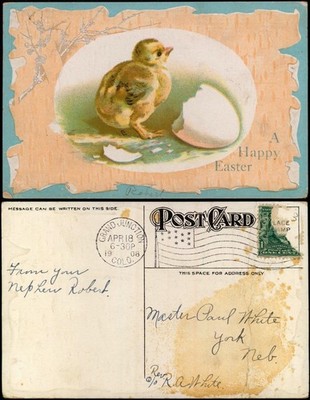 Ostern Easter Küken schlüpft aus Ei Silber USA 1908 Prägekarte