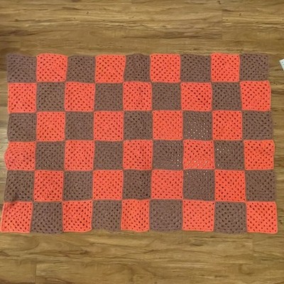 Afghan Crochet Bed Blanket Couch Throw 40x27 Granny Squares Retro Salmon Brown