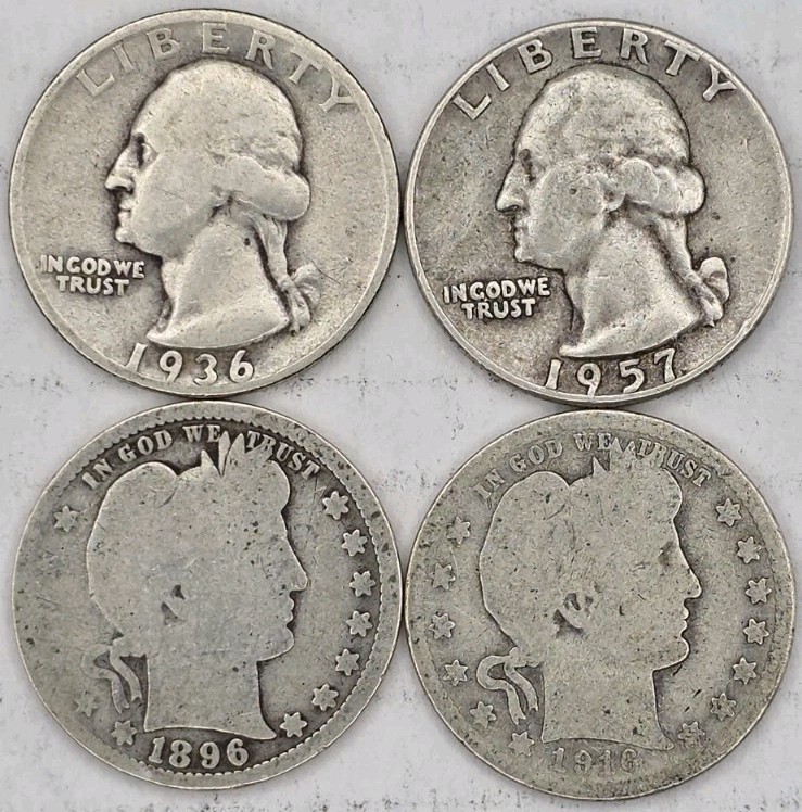 Lot of 4 US 90% Silver Quarters, Washington Barber 1936-S, 1957-D, 1896, 1916-D 
