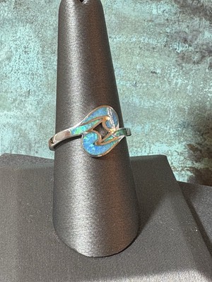 925 Sterling Silver Lab Blue Opal Wave Ring Size 9