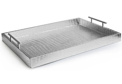 JAY IMPORTS SILVER ALLIGATOR EMBOSSED TRAY W/METAL HANDLES 14''x 19'' NEW W/DEFECT