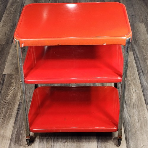 Vintage Cosco Kitchen Rolling Bar Cart 3 Tier Red Chrome Metal Utility MCM