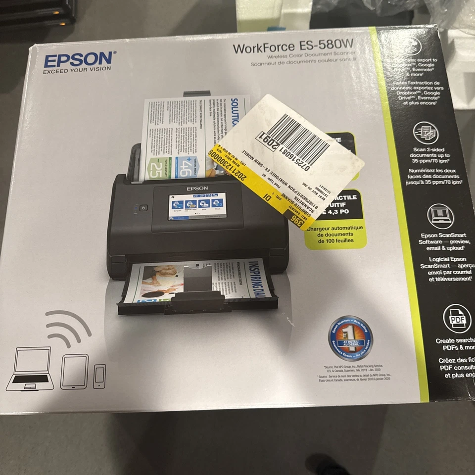 Epson Workforce ES-580W Wireless Color Duplex Desktop Document Scanner- NEW - Image 2 of 4
