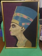 Vintage Handmade Framed Needlepoint Tapestry Of The Egyptian Queen Nefertiti