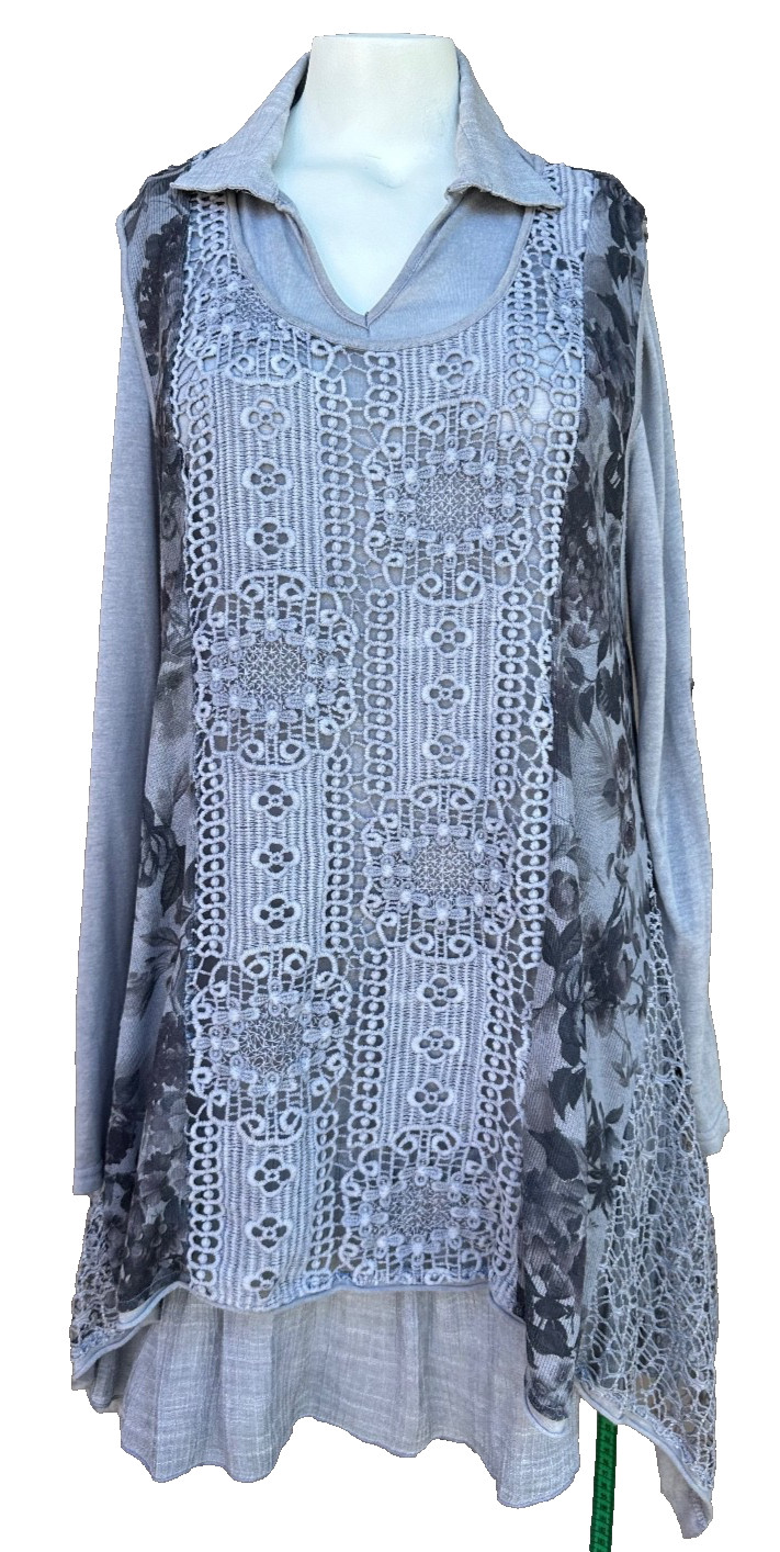 Gray Crochet Patchwork Tunic Top L Lagenlook Boho… - image 1