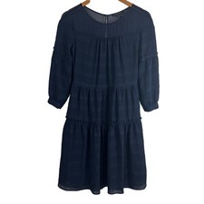 Banana Republic Navy Blue Tiered Mini Dress 3/4 Sleeve Textured Stripe Size 2