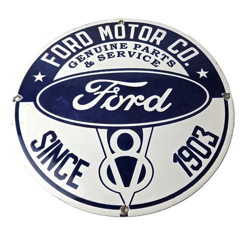 Vintage Ford Motors Sign - V8 Genuine Parts Service Dealership Porcelain Sign