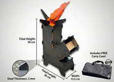 Rocket Stove 50cm 3mm Heavy Duty Steel Portable Camping Wood Burner + Carry Case