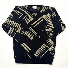 Vintage Ellen D Kollection Sweater Geometric Black Metallic Gold Knit USA Made